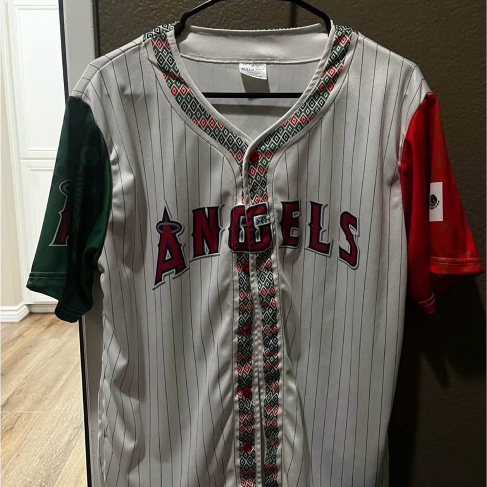 Angels Baseball Jersey with Red and Green Sleeves
